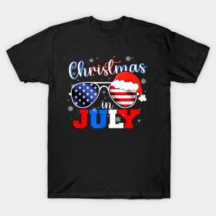 Christmas In July Santa Hat Sunglasses USA Flag 4th of July T-Shirt